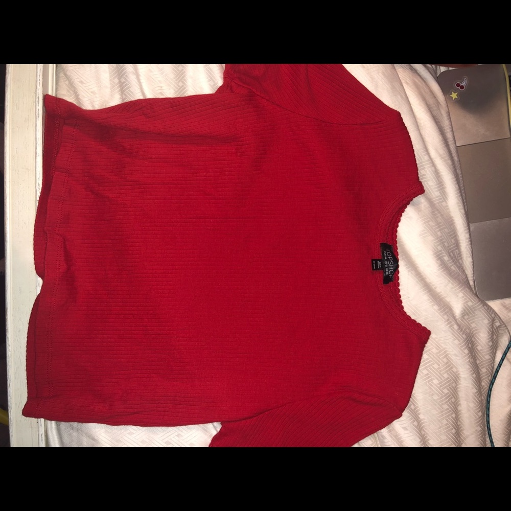 red cropped shirt